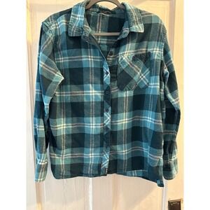 Eddie Bauer Womens Flannel Shirt Teal Blue Plaid Long Sleeve Button Up Top L G